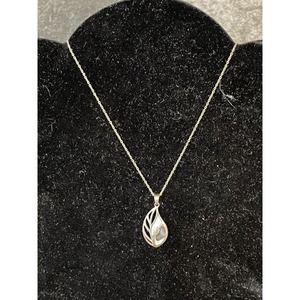 RJ Signed "Abalone with Pave CZ" Openwork Leaf Necklace Sterling Silver 19”